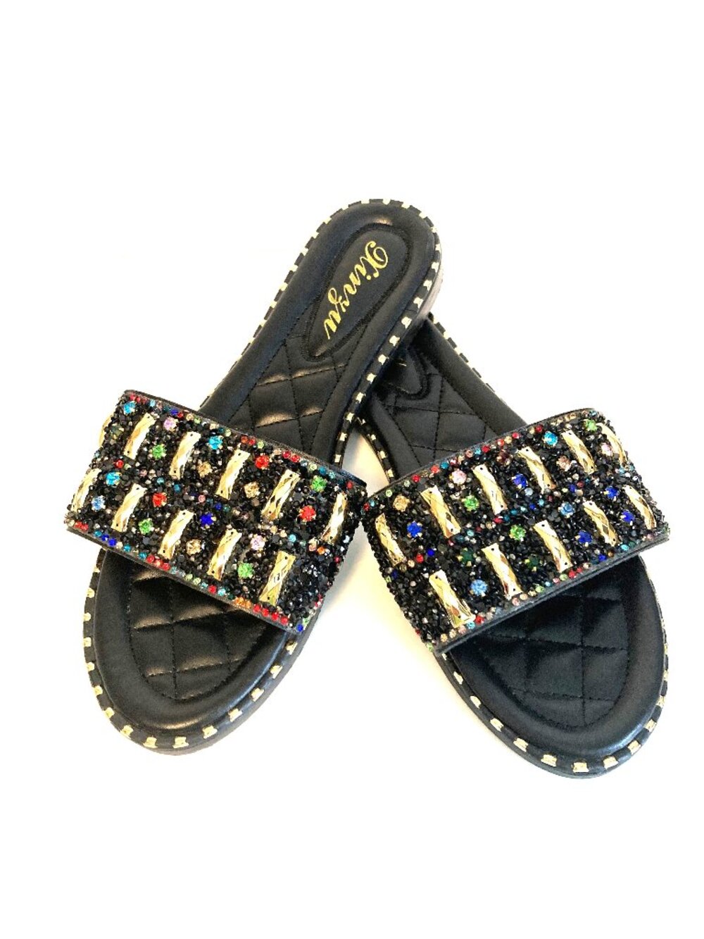 Xinzy Black Bejeweled Flat Slide Sandals Size 9